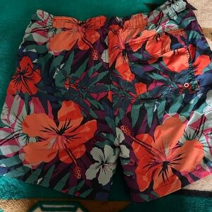 Arizona Jeans—Tropical Floral Swim Trunks - Orange & Teal Hibiscus Print. Size L